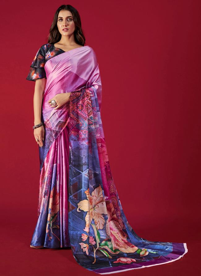 Crepe Satin Rani Party Wear Digital Printed Saree